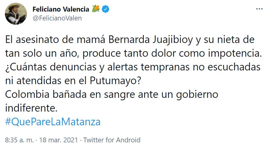 @FelicianoValen rechazó el asesinato de líder social indígena en Putumayo.