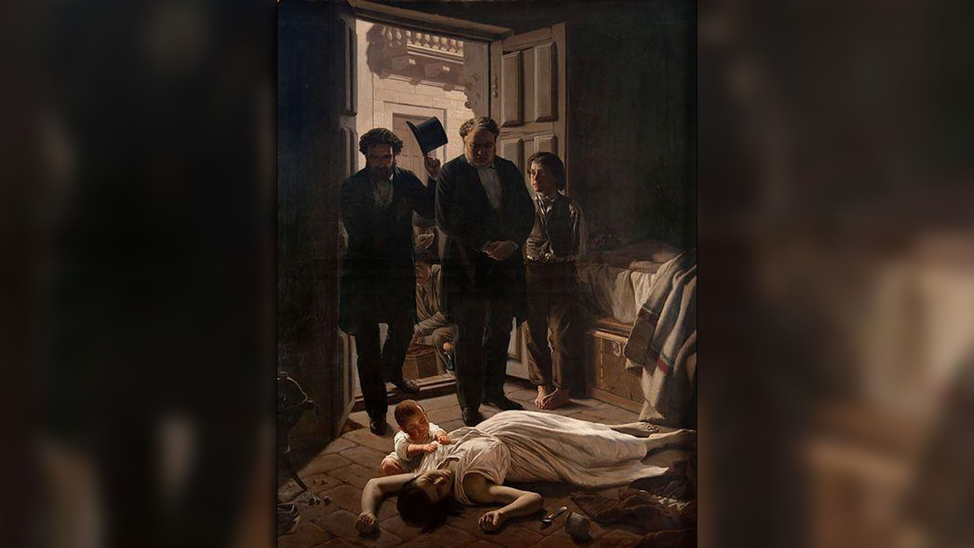Argerich, sacándose el sombrero y a su lado Roque Pérez, durante la epidemia de fiebre amarilla. Cuadro de Juan Manuel Blanes.