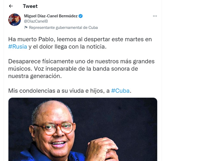 "Voz inseparable de la banda sonora de nuestra generación", escribió el  presidente de Cuba en su red social. (Twitter/@DiazCanelB).