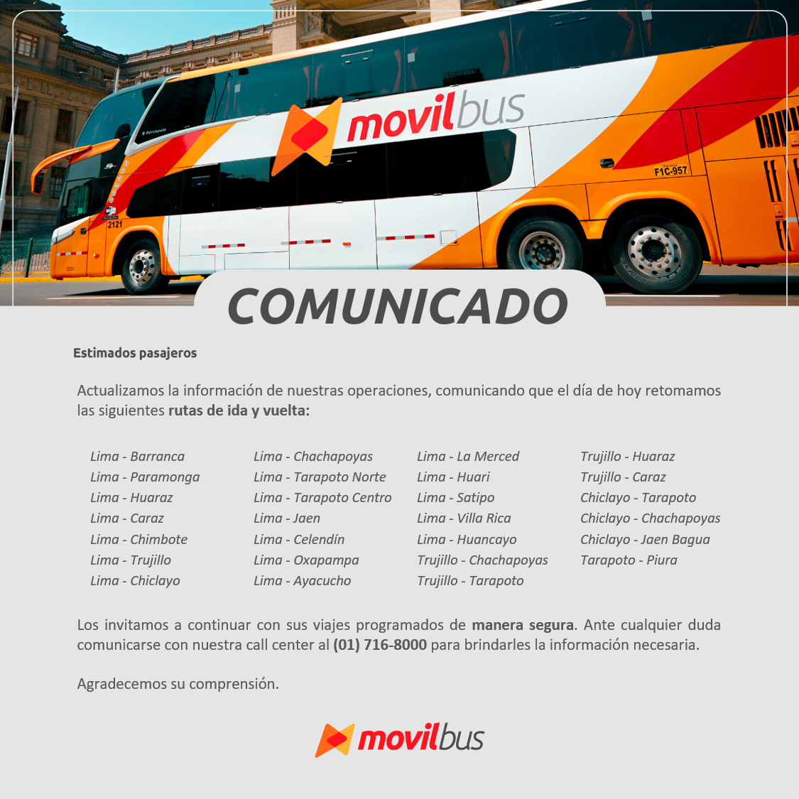 Comunicado de la empresa Movil Bus respecto a los viajes al sur del Perú