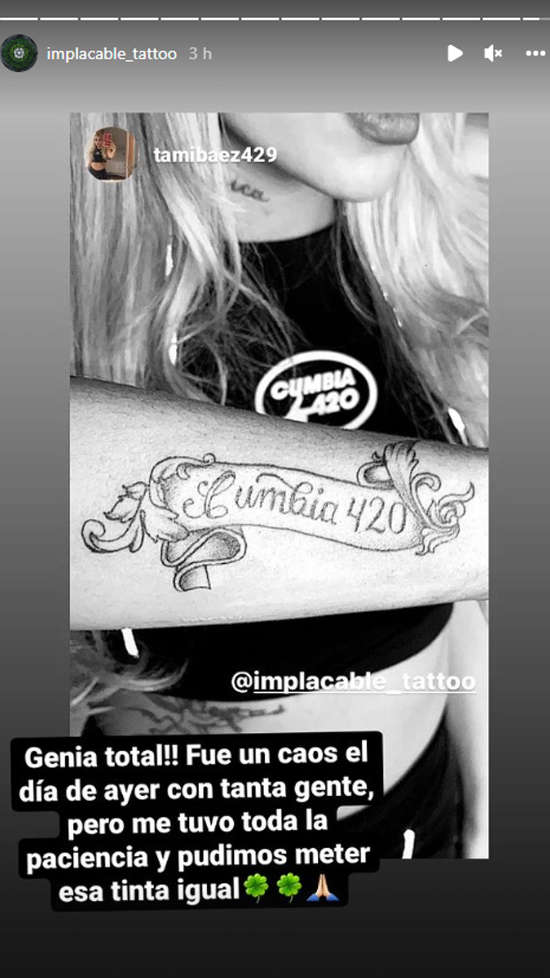 Tamara Baéz se tatuó "Cumbia 420", el sello distintivo de L-Gante