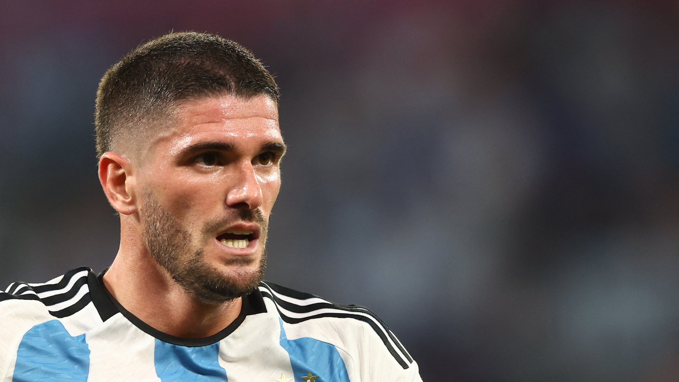 Soccer Football - FIFA World Cup Qatar 2022 - Round of 16 - Argentina v Australia - Ahmad bin Ali Stadium, Al Rayyan, Qatar - December 3, 2022 Argentina's Rodrigo De Paul reacts REUTERS/Bernadett Szabo