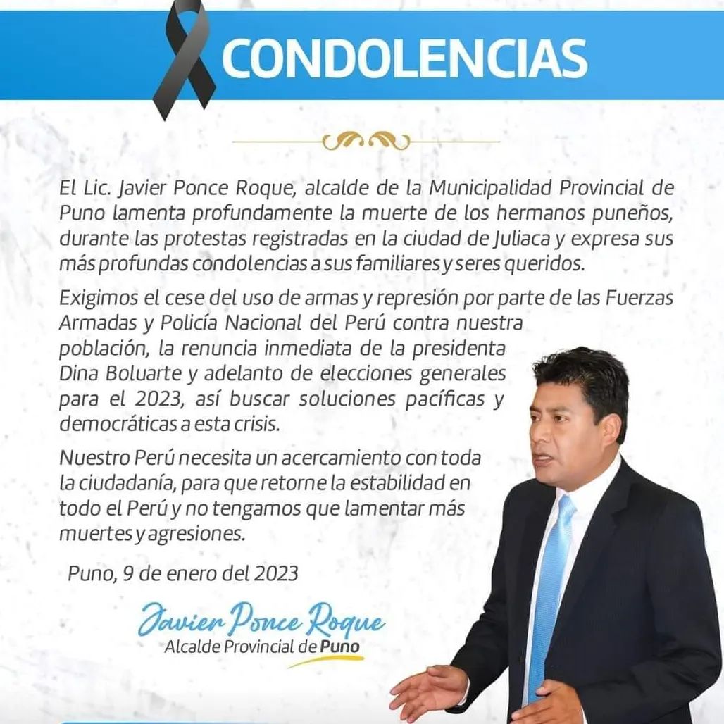Alcalde de Puno pide renuncia de Dina Boluarte por fallecidos en su región
