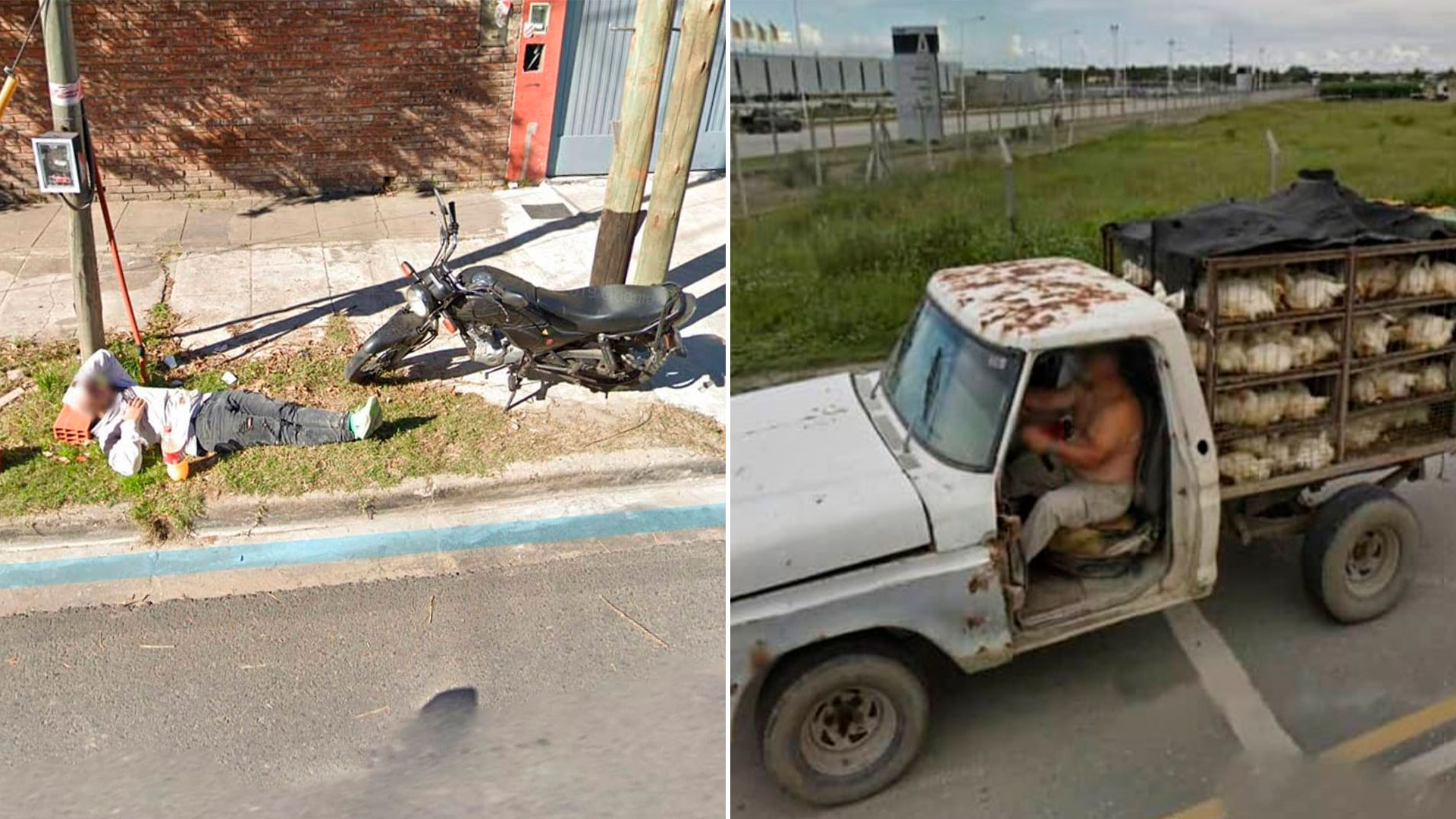 En el Conurbano se trabaja duro: un obrero se tiró a dormir la siesta y usa un ladrillo como almohada y un vendedor de gallinas circula "en cuero" a bordo de una camioneta sin puertas