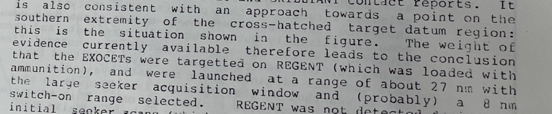 Parte del informe británico que termina indicando que “el peso de la evidencia actualmente disponible, por tanto, lleva a la conclusión que los Exocet fueron apuntados al Regent”