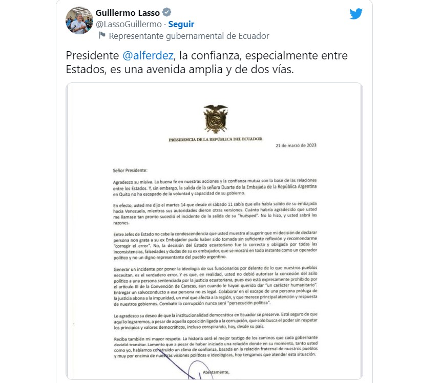 Guillermo Lasso le respondió a Alberto Fernández