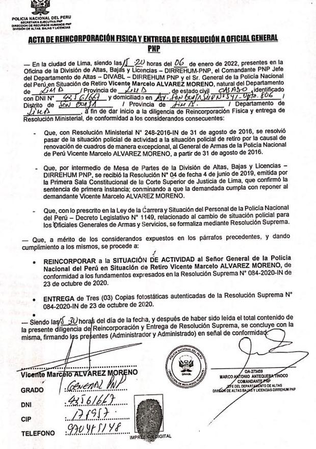 Acta de reincorporación a PNP del 6 de enero.