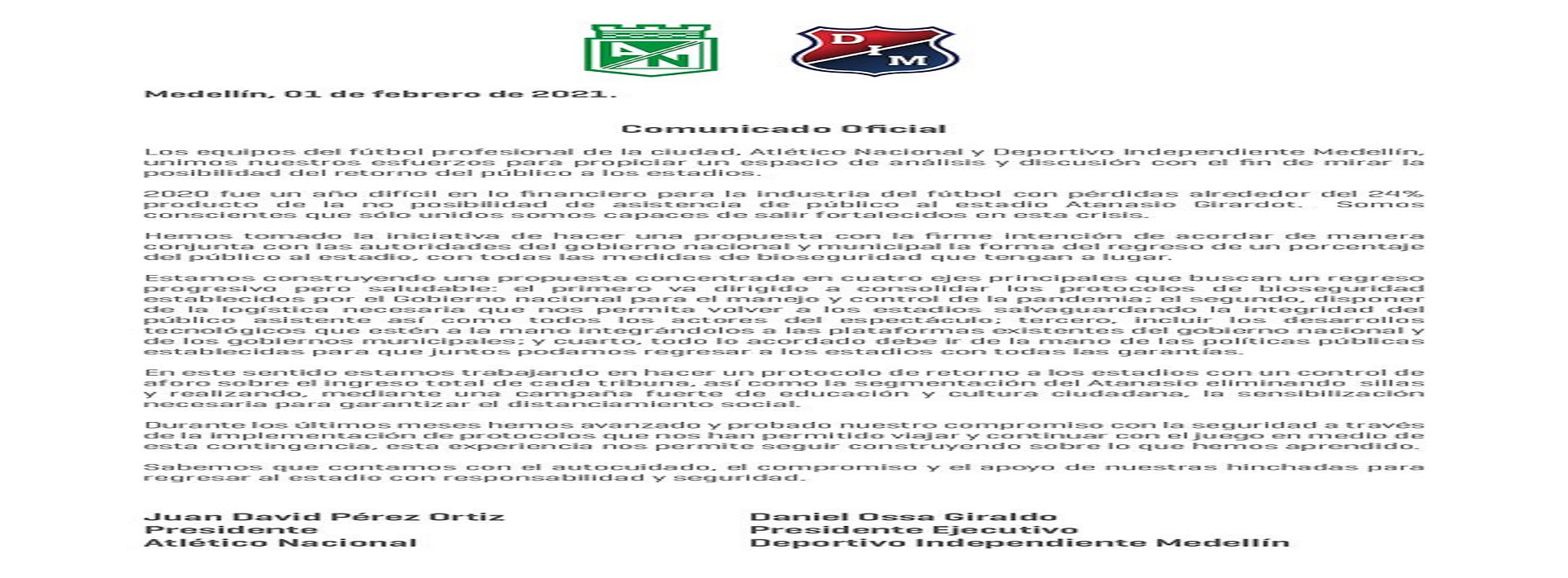 Los dos clubes de Medellín firman un comunicado conjunto para promover un regreso seguro a los estadios.
Cortesía Twitter @nacionaloficial