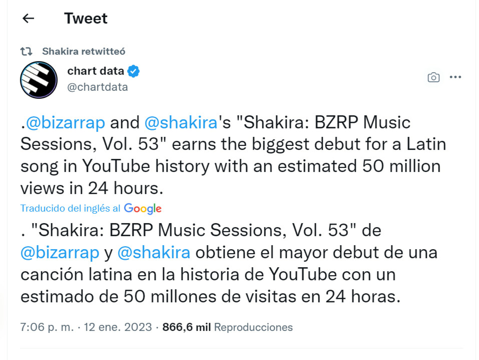 Shakira compartió en redes sociales el récord que rompió con su colaboración junto a Bizarrap