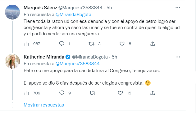La Congresista le respondió a usuario que la señaló de oportunista. 
Foto captura @MirandaBogota