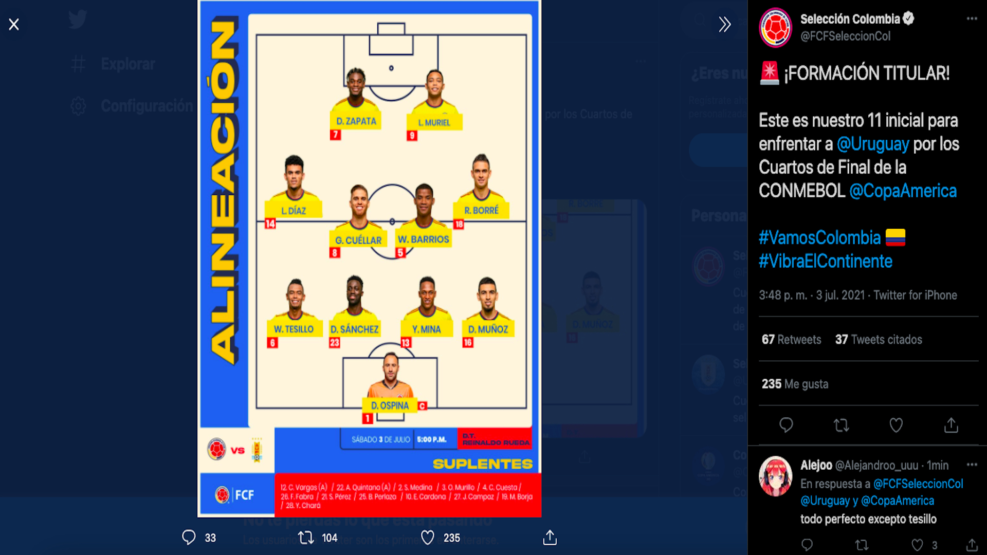 Alineación - selección Colombia, sábado 3 de junio, cuartos de final Copa América 2021 vs. Uruguay / (Twitter: @FCFSeleccionCol).