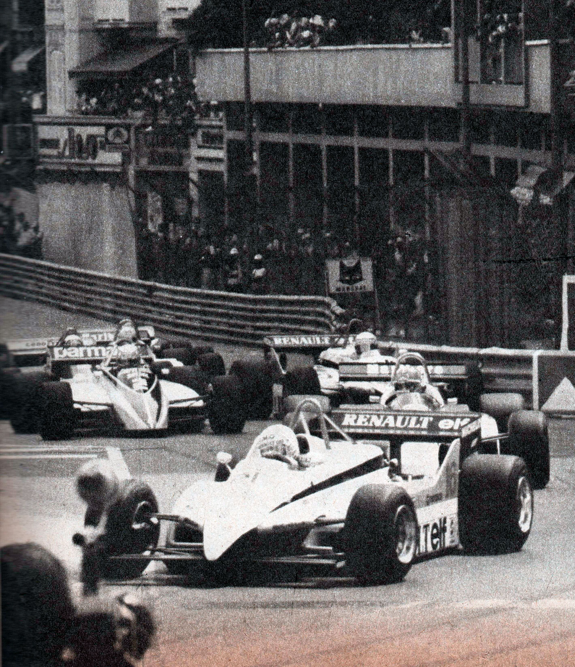 Se largó la carrera y René Arnoux llega adelante en la primera curva seguido de Bruno Giacomeli, Riccardo Patrese y Alain Prost (Archivo CORSA)