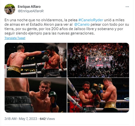 Enrique Alfaro, Governor of Jalisco congratulated Canelo.  (@EnriqueAlfaroR)