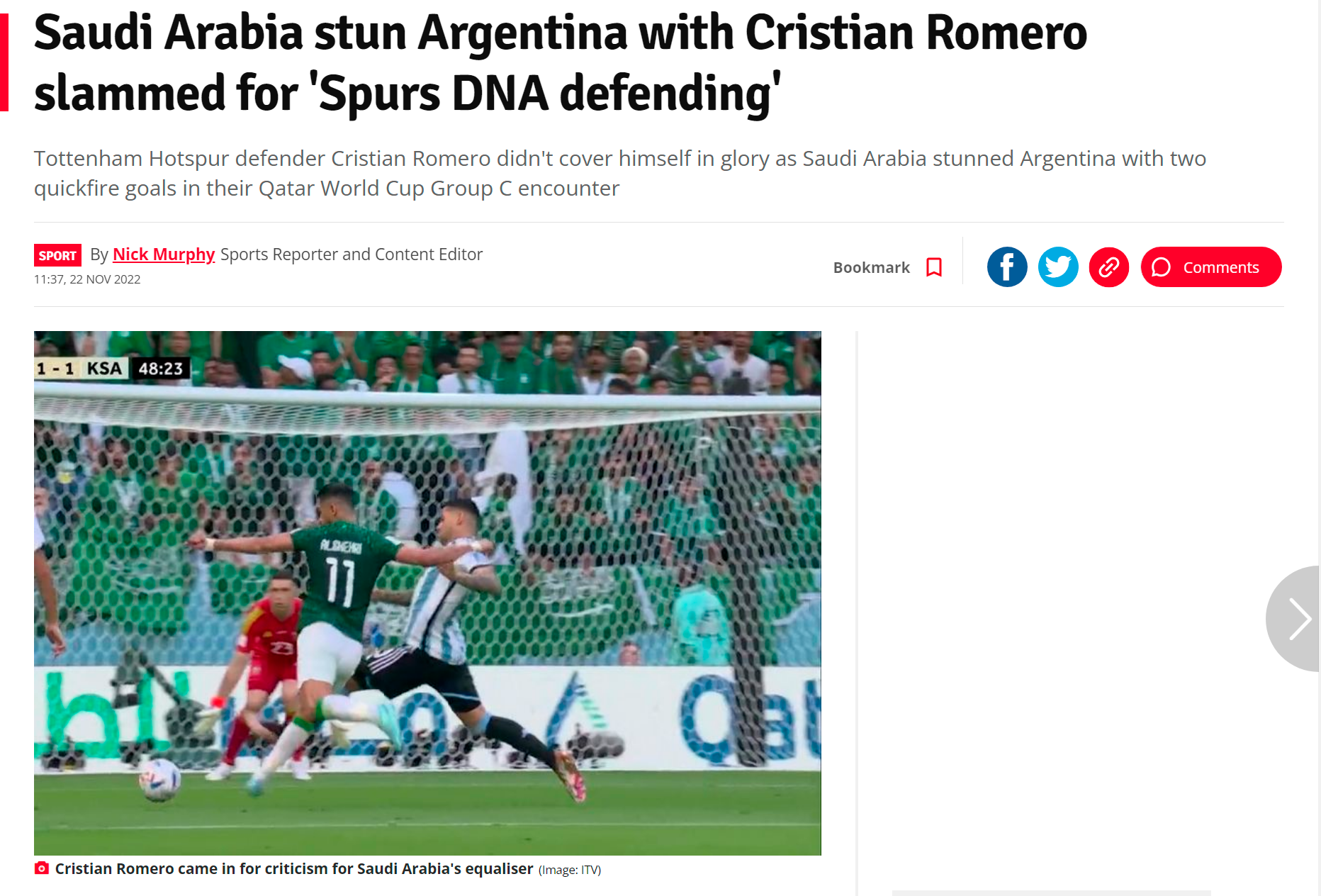 La crítica a Cristian Romero por el primer gol de Arabia Saudita 