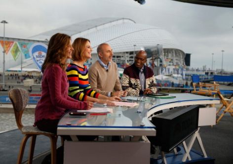 SOCHI, RUSSIA - FEBRUARY 11:  (BROADCAST-OUT)  Natalie Morales, Savannah Guthrie, Matt Lauer and Al Roker wait on the set of the NBC TODAY Show  in the Olympic Park during the Sochi 2014 Winter Olympics on February 11, 2014 in Sochi, Russia.  (Photo by Scott Halleran/Getty Images)