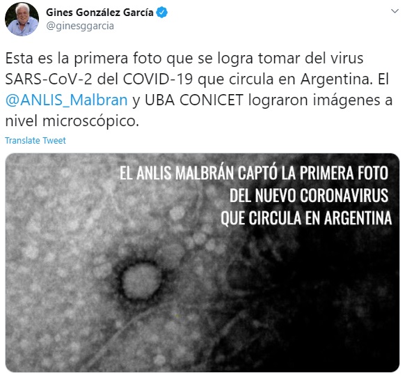 Uno de los tweets de Ginés donde destaca el logro argentino en el secuenciamiento del SARS-CoV-2