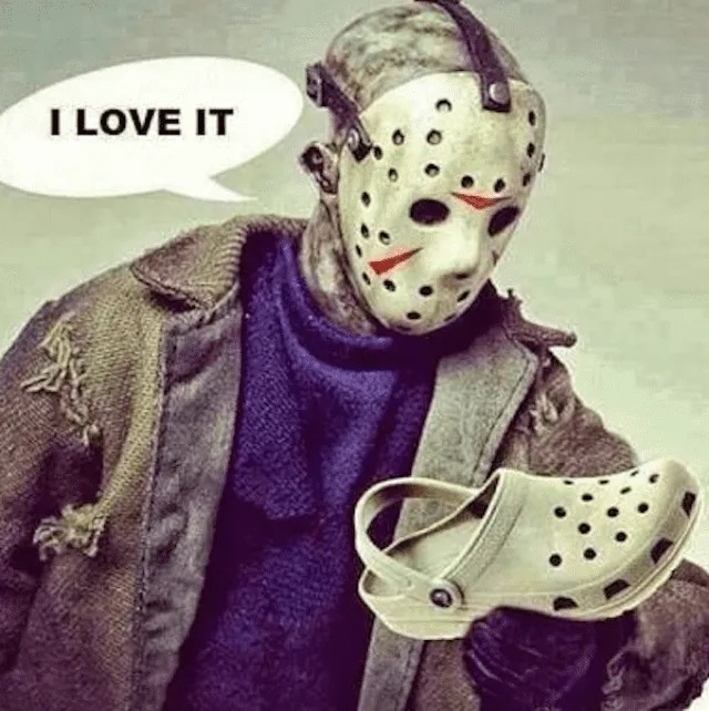 Meme that relates to the resemblance of Jason's hockey mask and Crocs sandals.  (Photos/Twitter)
