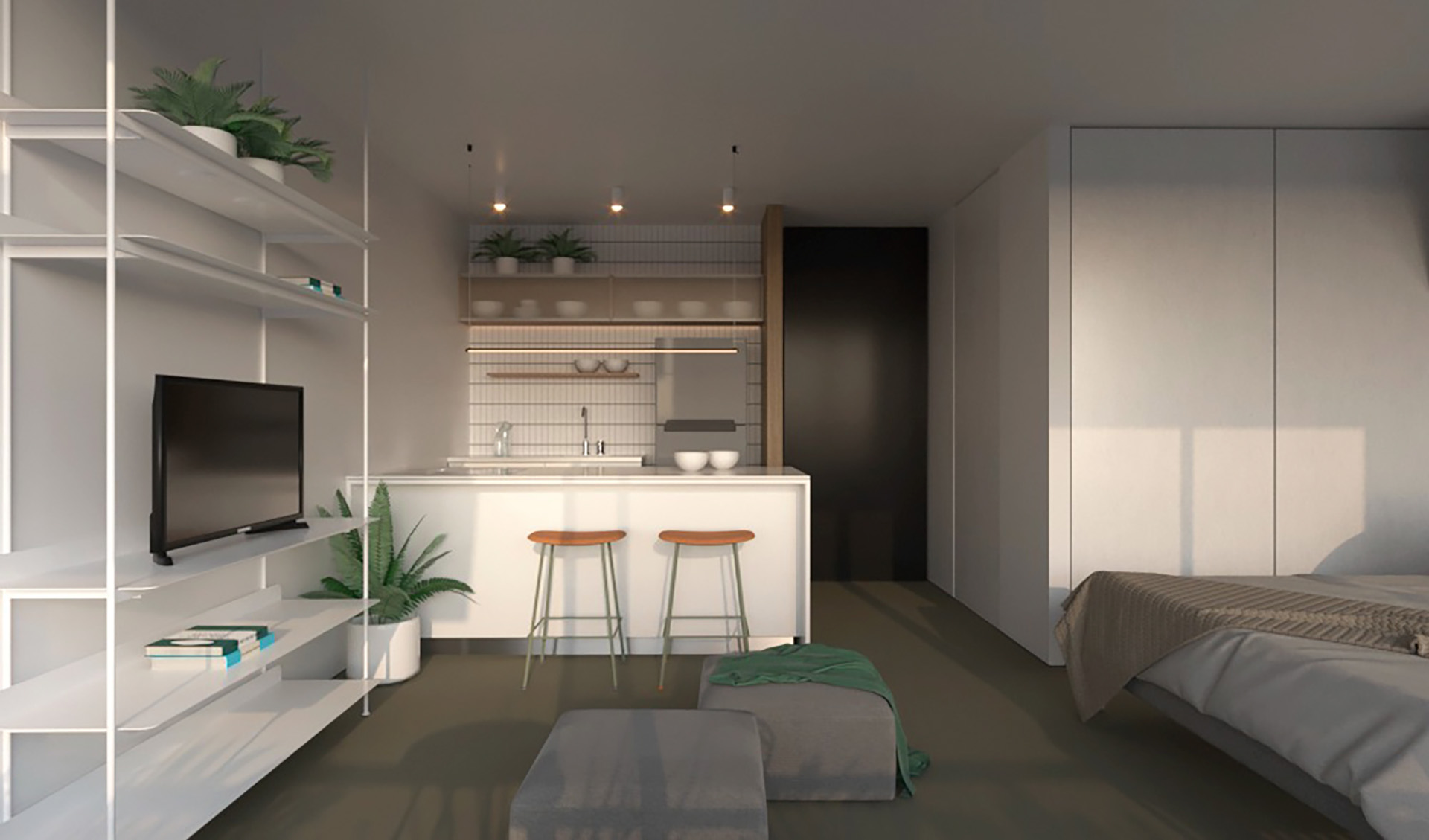 Render de un monoambiente de un proyecto que se edificará en breve en Villa Crespo