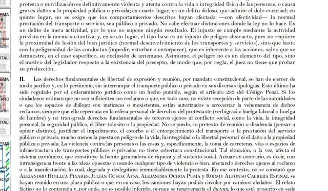 Fragmento del fallo de la Sala Penal de la Corte Suprema.