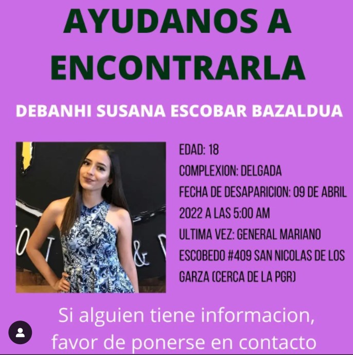 Relatives and authorities are looking for 18-year-old Debanhi Susana, who disappeared in Nuevo León (Photo: Instagram / @debanhi.escobar)