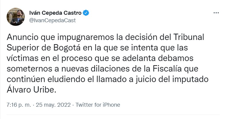 Iván Cepeda impugnará decisión del Tribunal Superior de Bogotá.
Captura de pantalla