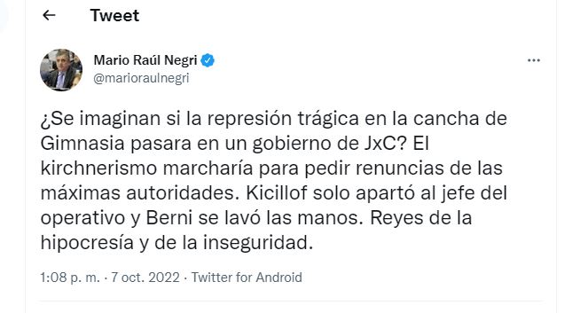 El tuit de Mario Negri