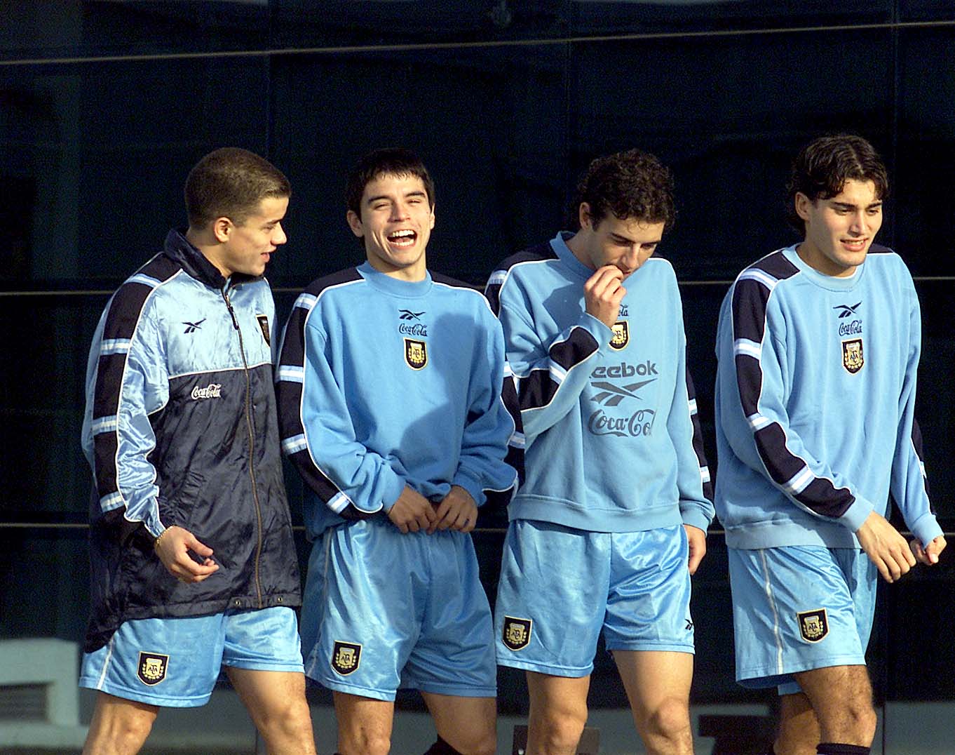 Andrés D'Alessandro, Javier Saviola, Julio Arca y Nicolás Medina durante un entrenamiento de la Selección Sub 20 en 2001 (Fotobaires)