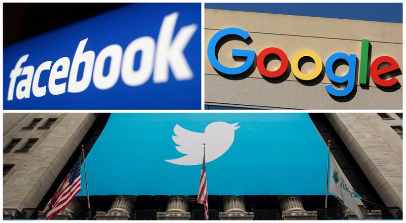 Los logotipos de Facebook, Google y Twitter en esta foto combinada de los archivos de Reuters. REUTERS