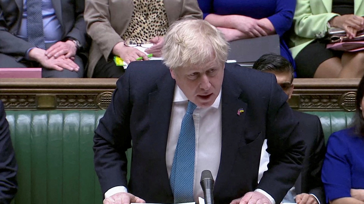 El primer ministro británico Boris Johnson en el Parlamento en Londres este 23 de marzo (Reuters TV)