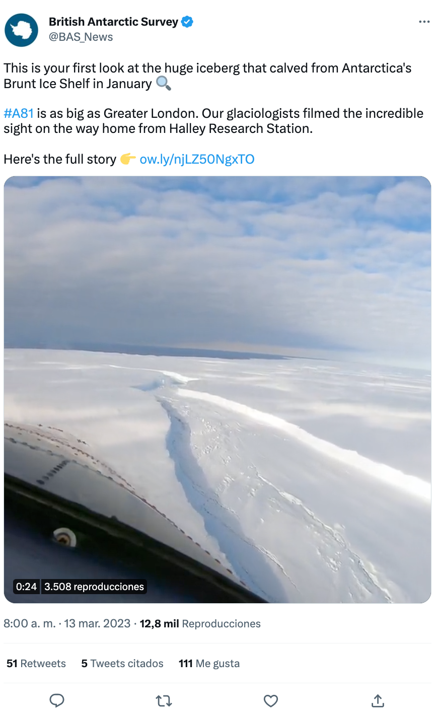 Las imagen exhiben la naturaleza dinámica del iceberg A-81 rodeado de icebergs más pequeños que también se desprendieron (Twitter)