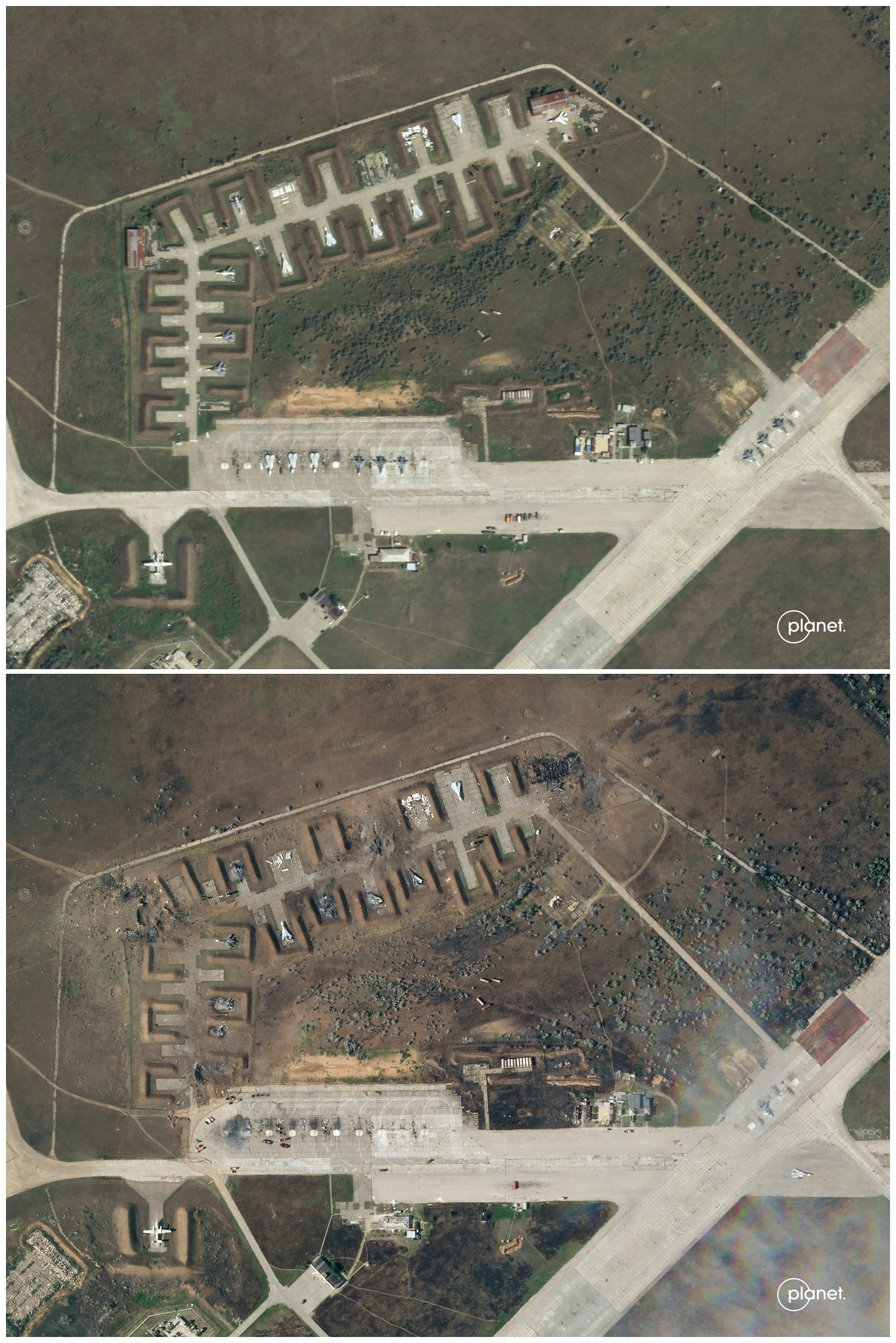 Una foto combinada muestra imágenes satelitales de la base aérea de Saky en Crimea, el 9 de agosto de 2022 y después de un ataque el 10 de agosto de 2022. Planet Labs PBC/Folleto a través de REUTERS