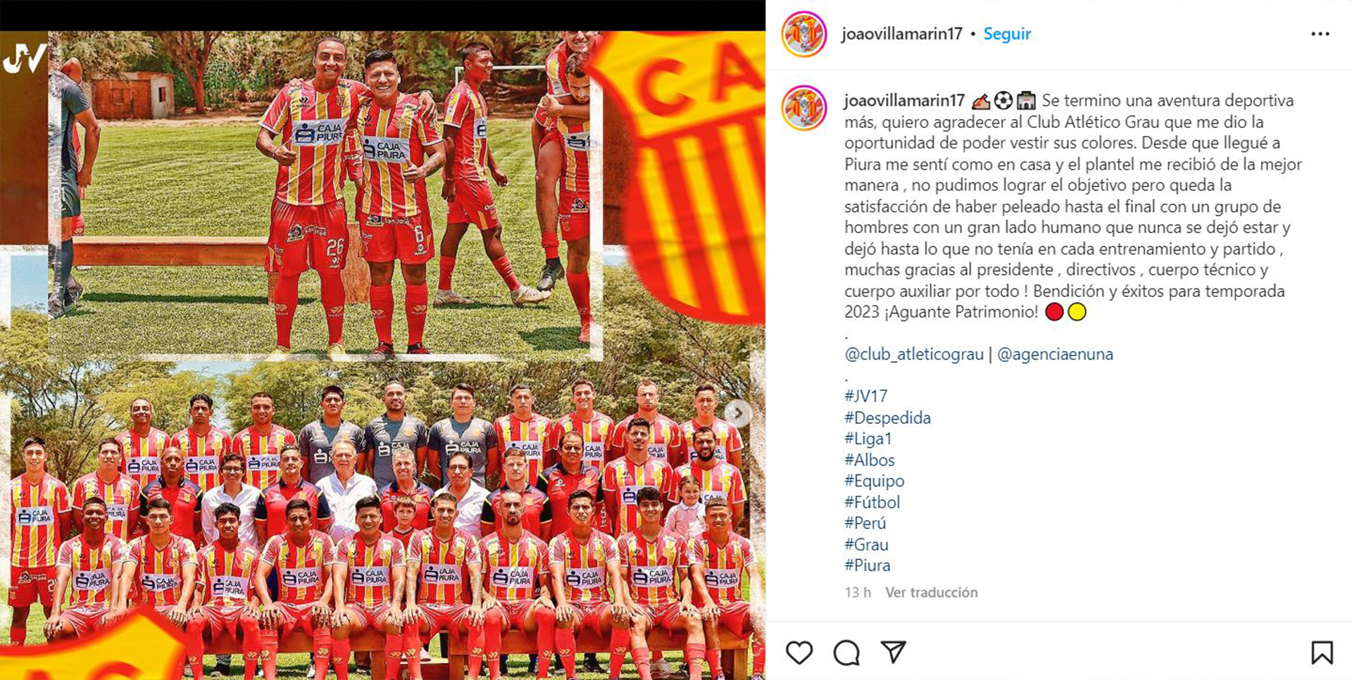 Joao Villamarín se despidió de Atlético Grau en sus redes sociales. (Instagram)