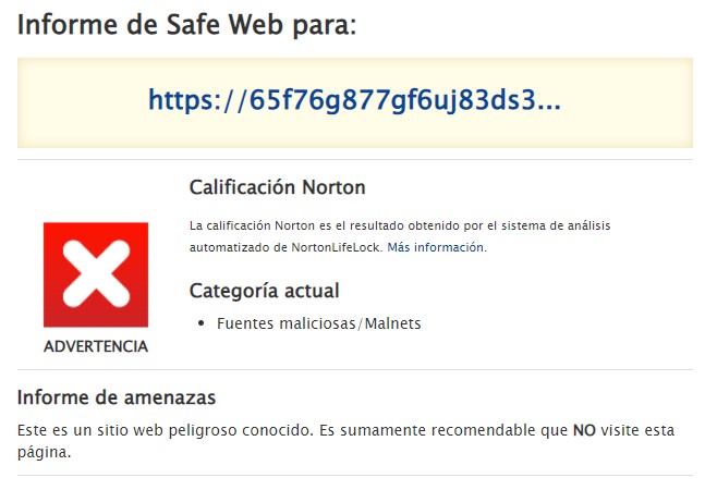 El link que se envía en las campañas de smishing que suplanta a Netflix es evaluado como peligroso por la herramienta Safe web de la empresa de ciberseguridad Norton. (Captura)