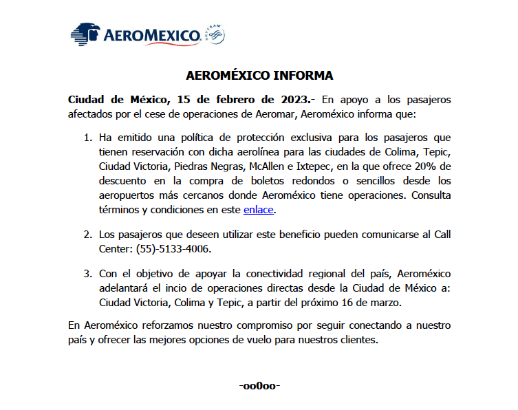 Aeroméxico ya emitió las instruccioes para que pasajeros afectados por Aeromar puedan volar con ellos (Twitter/@Enel_Aire)