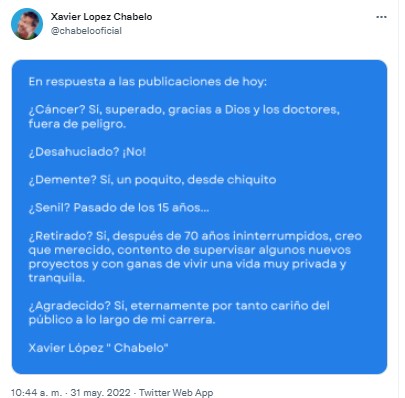 Tweet de Chabelo
(Foto: Captura de pantalla/Twitter)