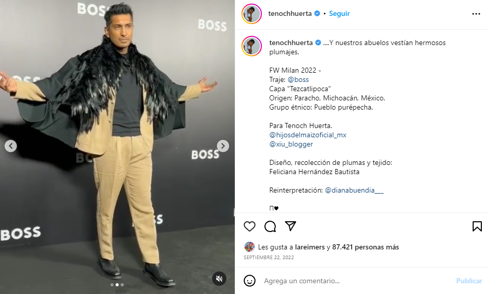 Tenoch Huerta appeared at Milan Fashion Week 2022 with a feathered cape that generated all kinds of comments on networks.  Photo: Instagram/ tenochhuerta