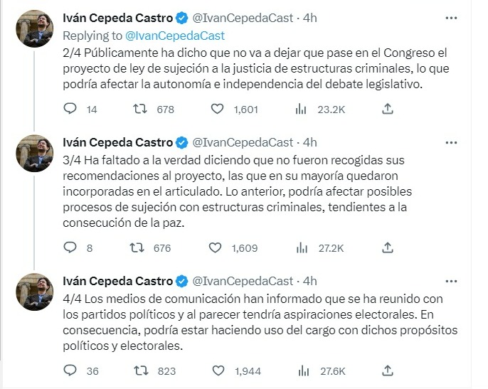 Iván Cepeda denunciará al fiscal Francisco Barbosa ante la comisión de acusaciones de la Cámara. Twitter @IvanCepedaCast