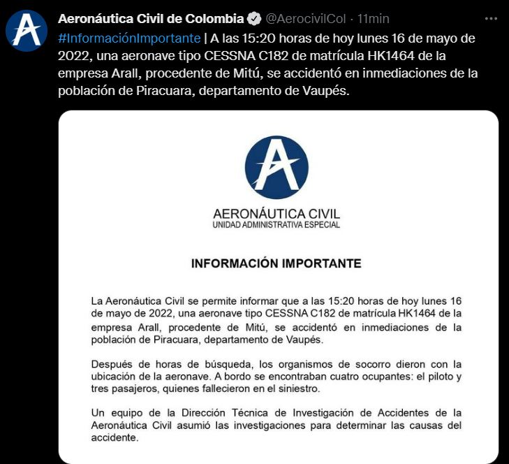 Aerocivil Colombia accidente