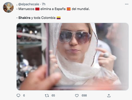 La protagonista de los memes del día fue la colombiana Shakira, luego de la derrota de España frente al seleccionado marroquí. Tomada de Twitter.