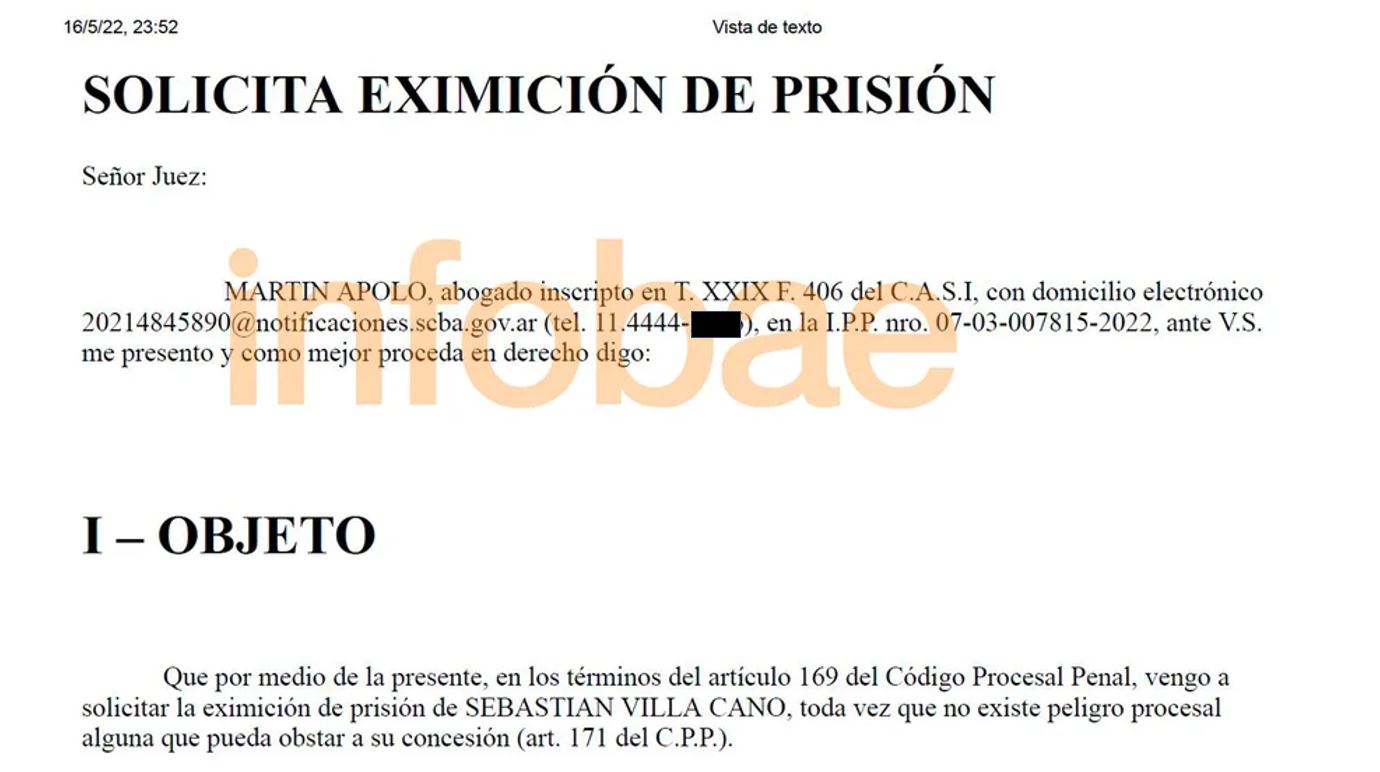 El documento presentado anoche, a las 23.52, por los abogados de Sebastián Villa 