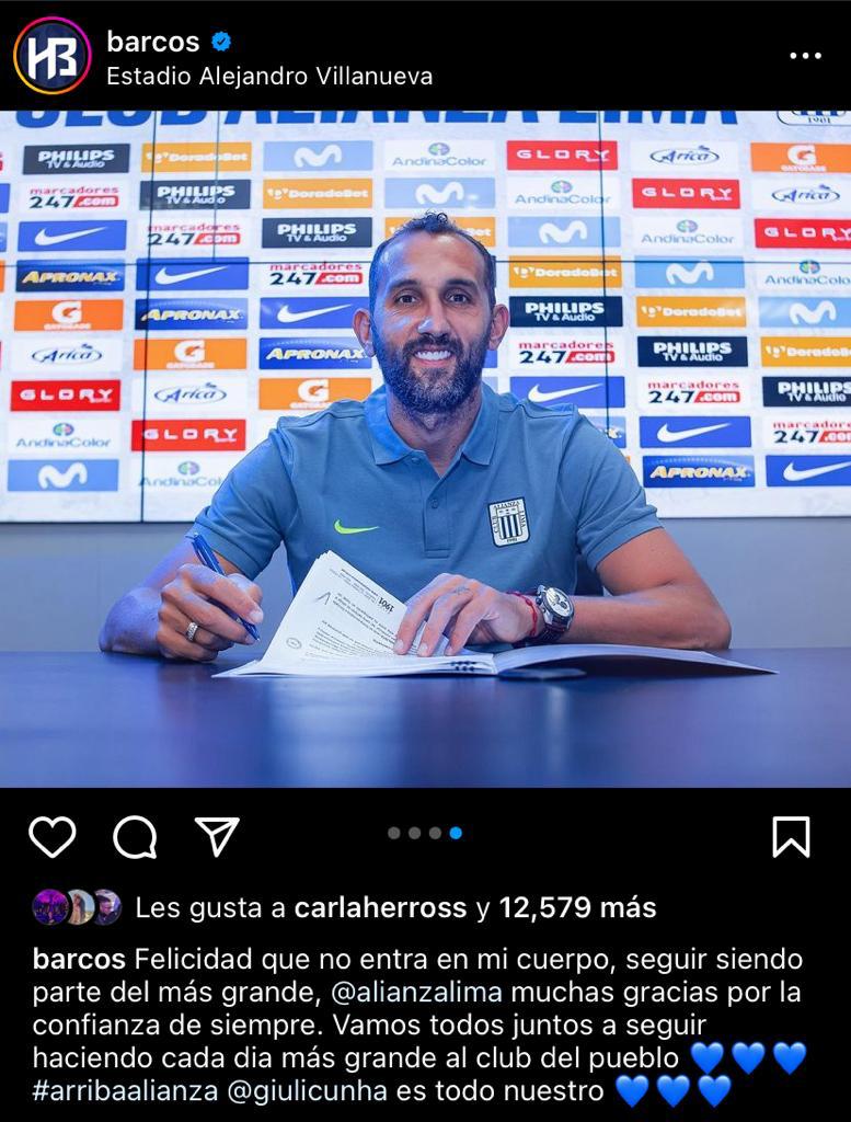 El agradecimiento de Hernán Barcos tras su renovación en Alianza Lima. (Instagram)
