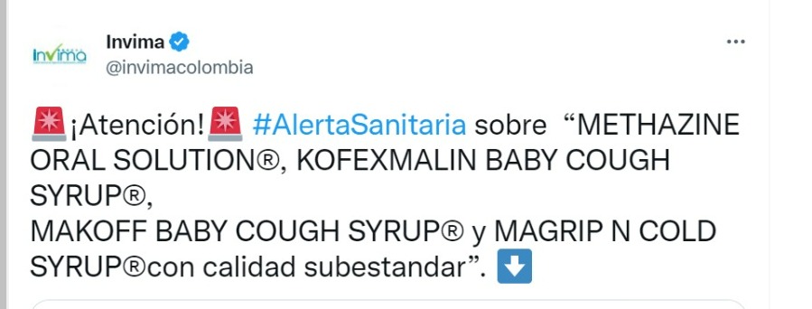 Alerta sanitaria, Invima. Foto: Twitter @invimacolombia