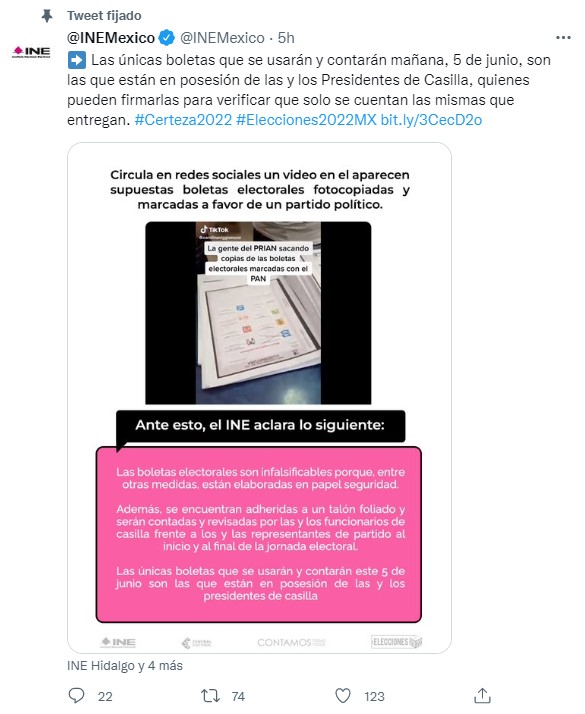 El INE declaró en sus redes sociales que las boletas electorales que se usarán el domingo 5 de junio son infalsificables (Foto: Twitter/@INEMexico)