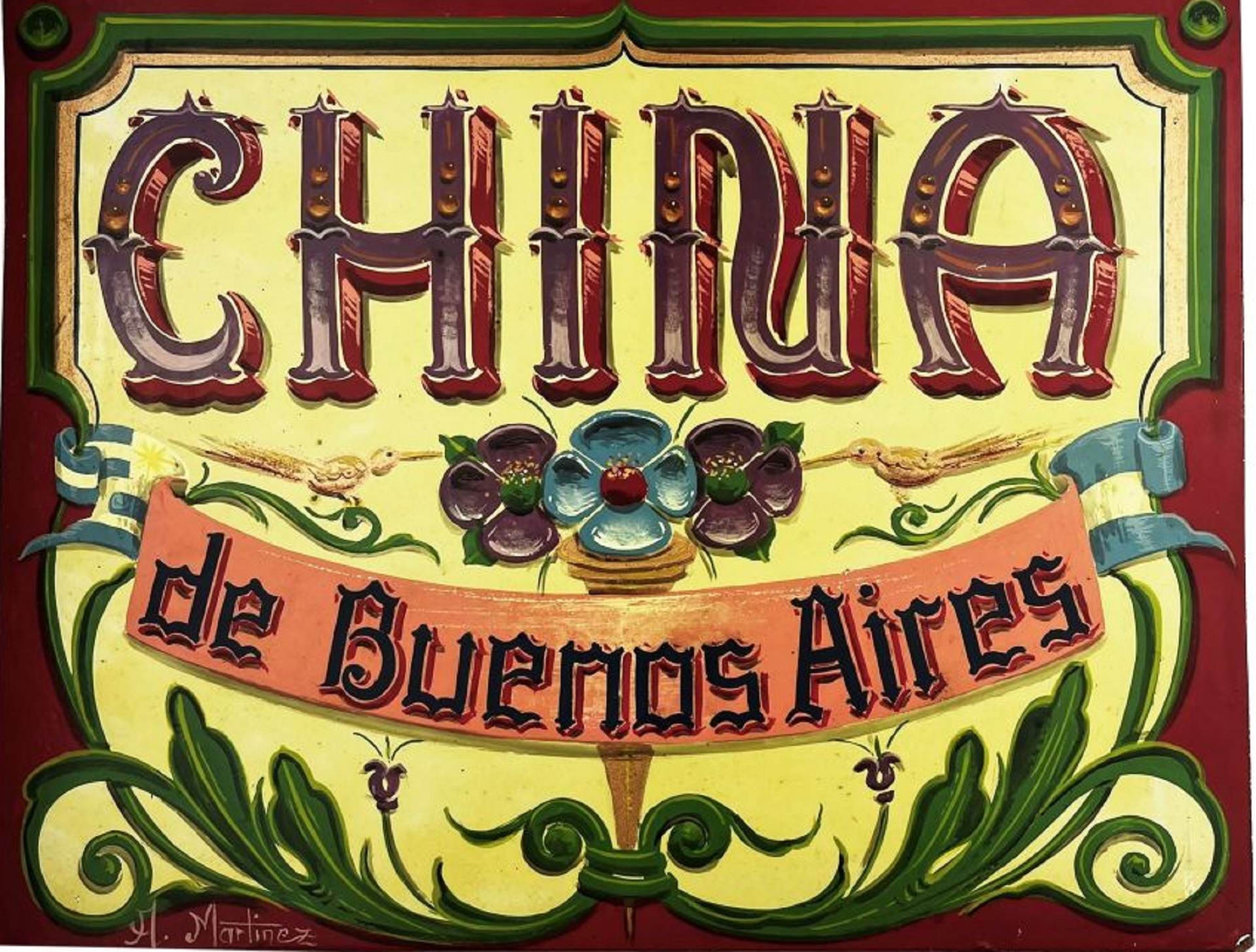 Filete porteño sobre fibra. “China de Buenos Aires.” Realizado por Alfredo F. Martínez. Firmado abajo a la izquierda. 30 x 39 cm. Precio Base 250 dólares