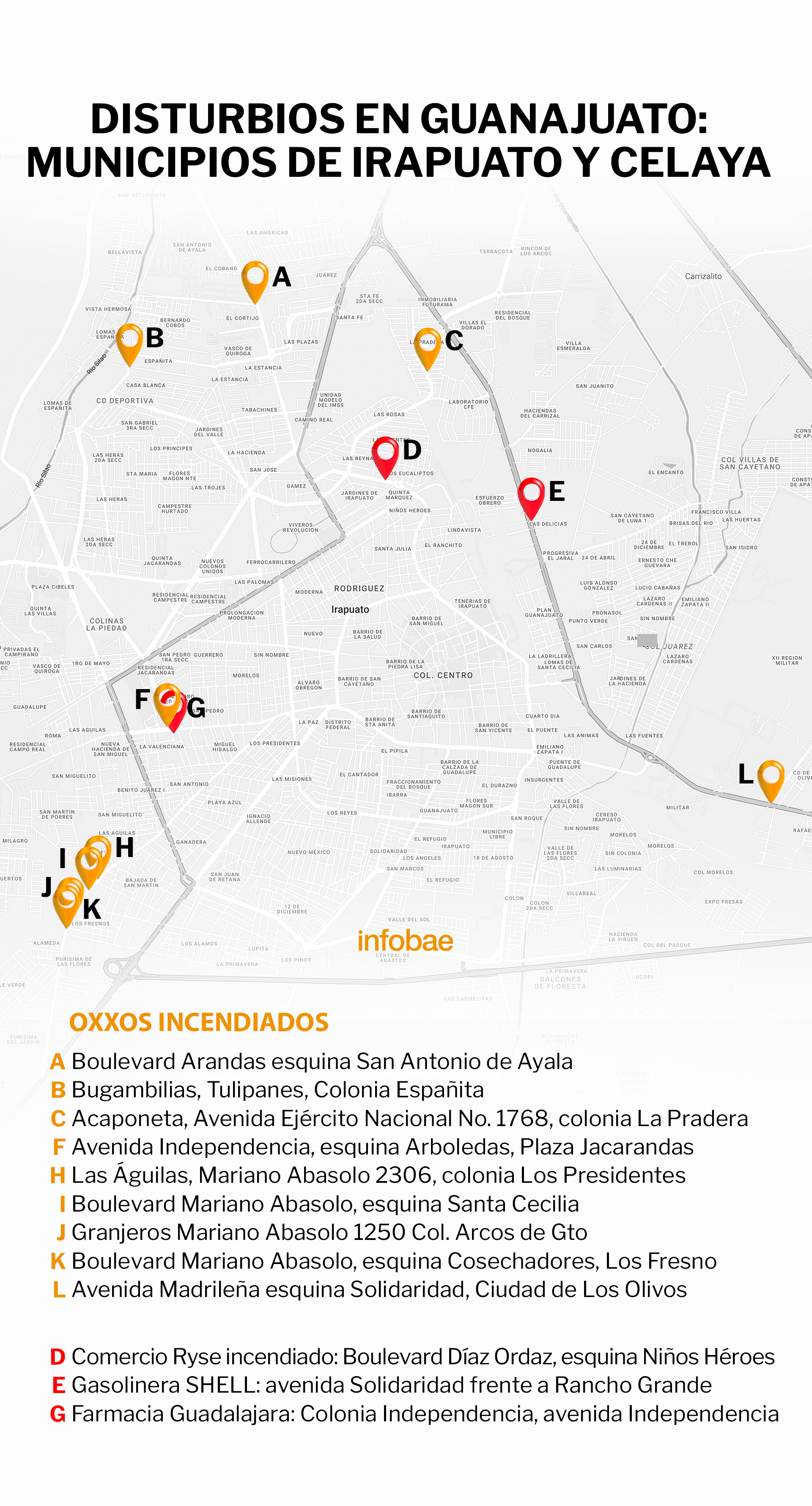 Al 11 tiendas Oxxo fueron incendiadas en Irapuato (Mapa: Jovani Pérez / Infobae México)