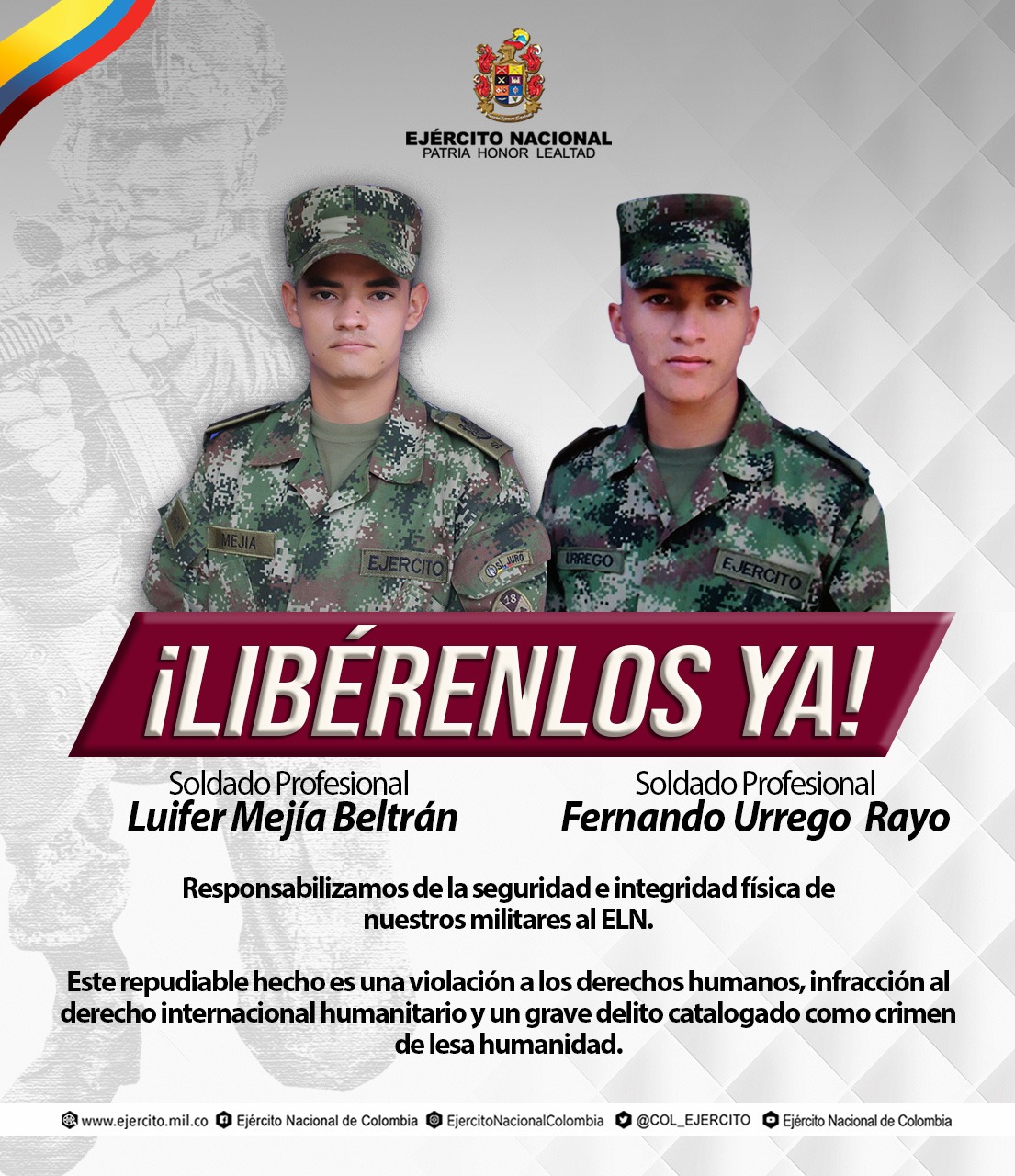 El Ejército solicita la liberación de dos soldados en Arauca.
FOTO: Ejército Nacional.