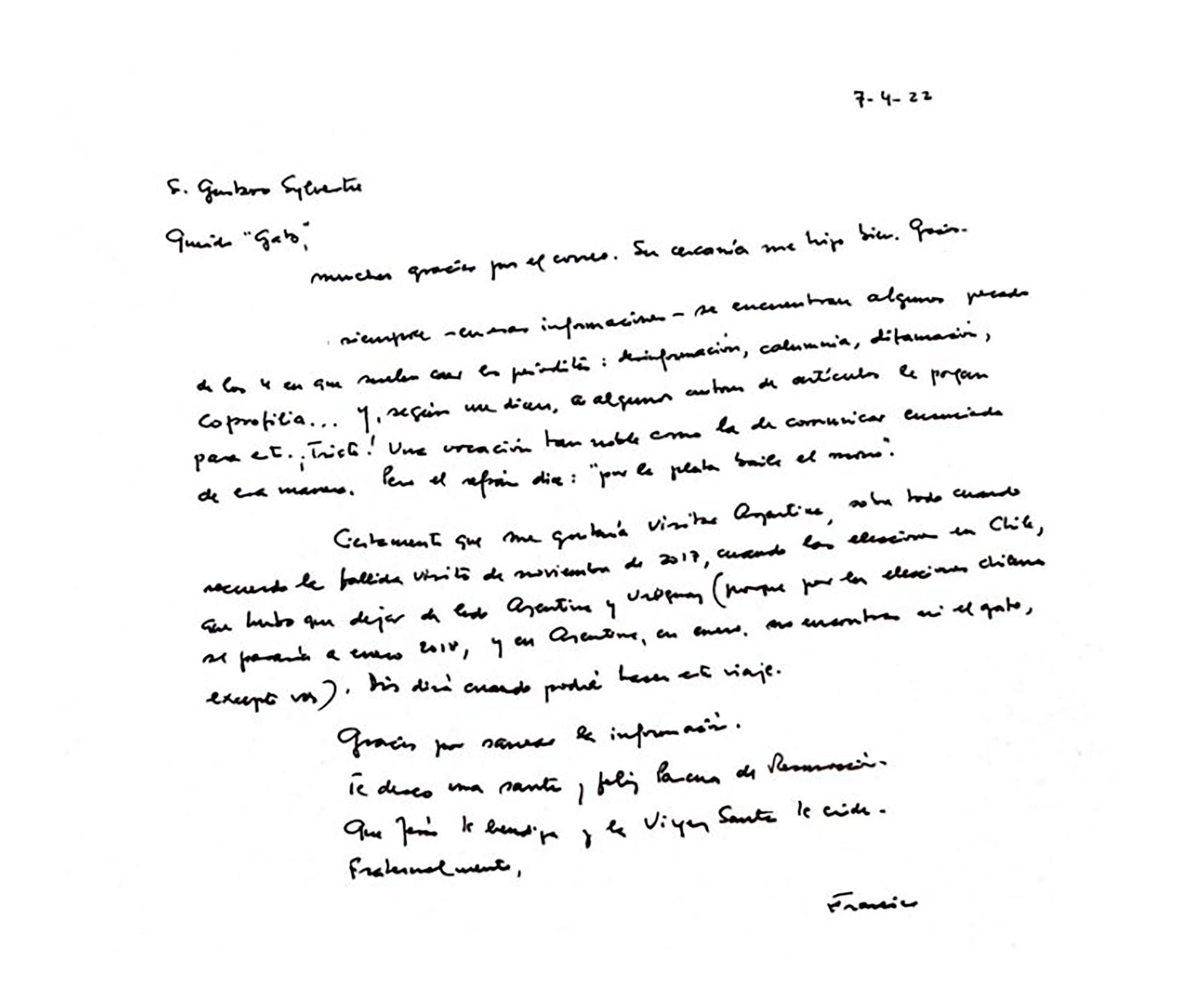 La carta que le envió el papa Francisco al periodista Gustavo Sylvestre