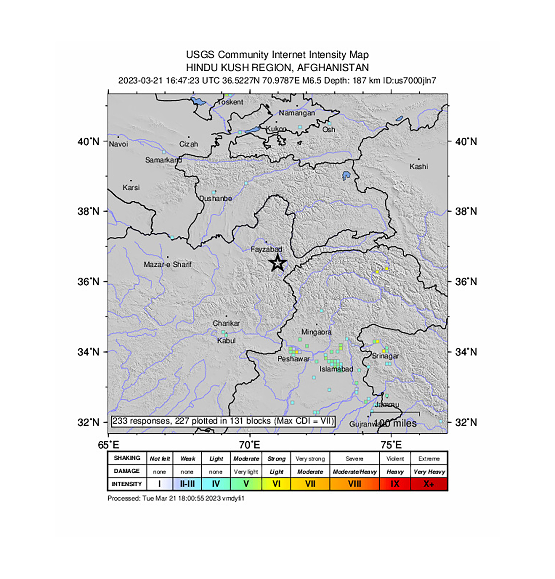 El seísmo se registró cerca de la enorme cordillera del Hindu Kush, según el Servicio Geológico de Estados Unidos (USGS)