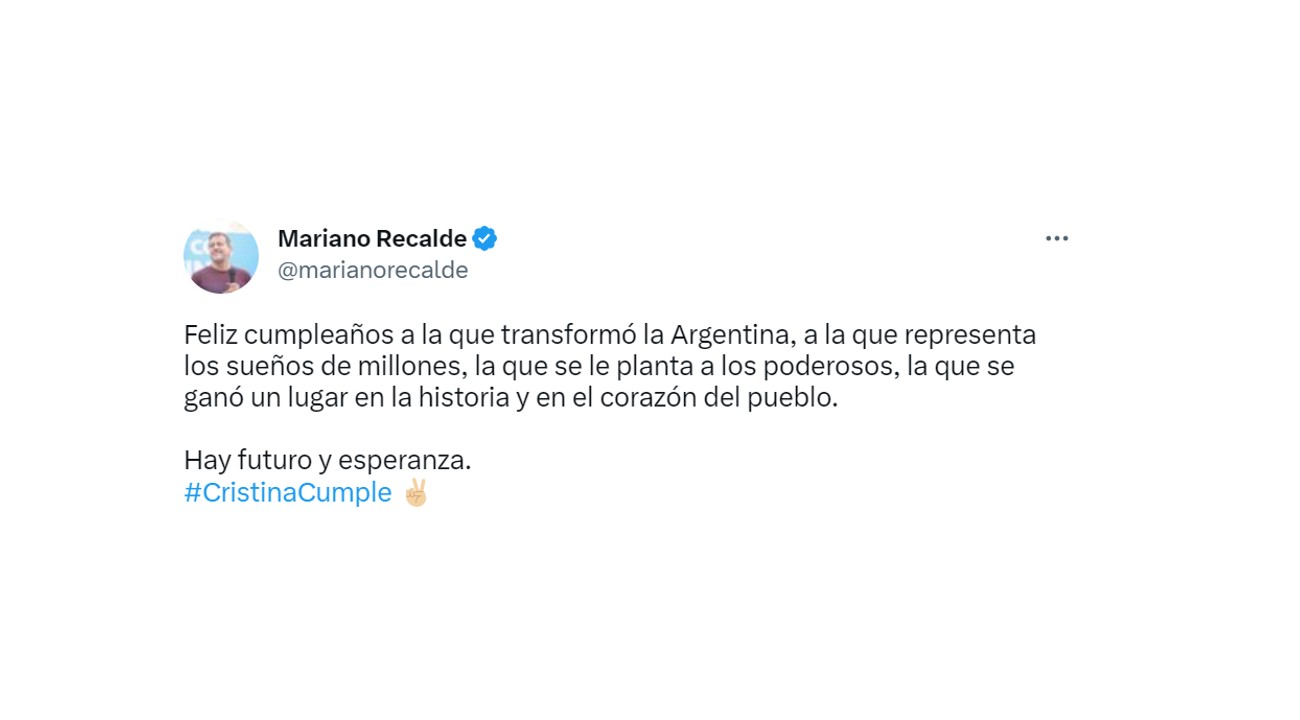 Mariano Recalde se sumó a los saludos para la vicepresidenta