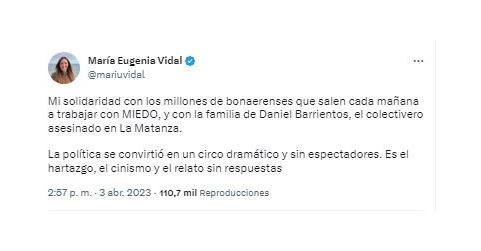 La ex gobernadora de Buenos Aires, María Eugenia Vidal, se solidarizó con la familia del colectivero asesinado en La Matanza